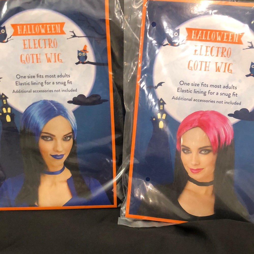Pink and Black Wig, Blue and Black Wig, Halloween Lot of 2